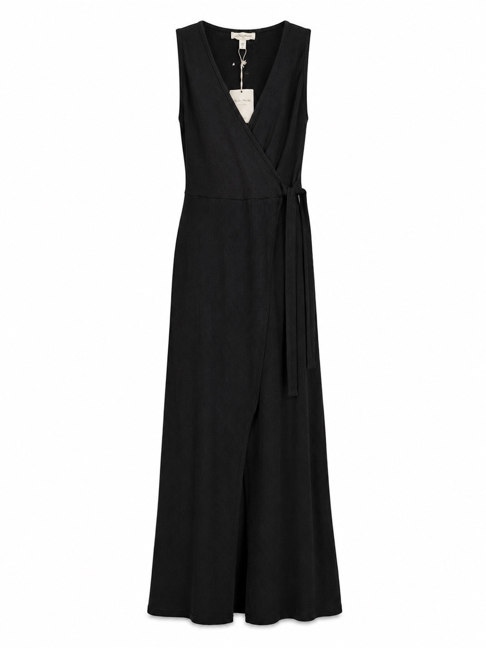 See You Monday Black Ribbed Faux Wrap Maxi Dress L - NWT